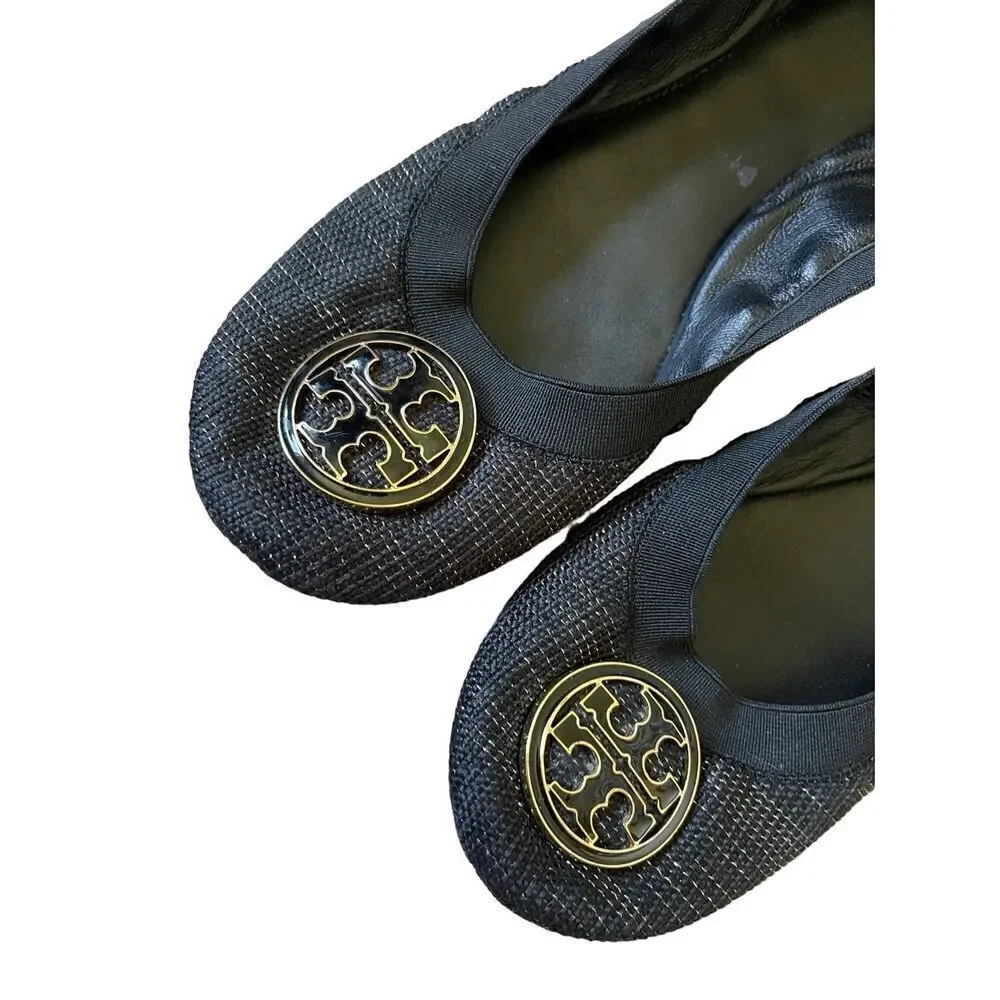 Tory Burch Caroline Black Flats with Gold Metallic Thread 8.5